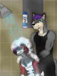 angry anthro bathroom canid canine canis duo feral generation_7_pokemon lycanroc male male/male mammal mascot midnight_lycanroc nicolasthewolf nintendo pokemon pokemon_(species) shower soap wolf yellow_eyes