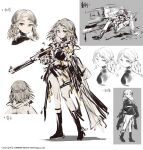  1girl boots chinese_text closed_mouth commentary_request company_name concept_art copyright_notice cui_pi_zha_xia_qiu erma_(girls&#039;_frontline) erma_emp expressionless full_body girls&#039;_frontline gloves gun half-closed_eyes highres holding holding_gun holding_weapon jacket long_hair long_sleeves looking_at_viewer lying medium_hair multiple_views on_bench see-through see-through_coat simple_background solo_focus translation_request weapon white_background white_gloves white_hair yellow_eyes 