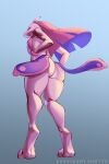 ambiguous_gender anthro blue_background butt chest_tuft fur hi_res kashikomishotta looking_at_viewer looking_back lovander nude pal_(species) palworld pink_body pink_eyes pink_fur scalie signature simple_background solo tuft