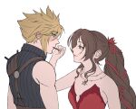  1boy 1girl aerith_gainsborough aerith_gainsborough_(red_dress) applying_makeup armor bare_shoulders blonde_hair blue_eyes blush breasts cloud_strife dress final_fantasy final_fantasy_vii final_fantasy_vii_remake flamenco_dress flower gold_necklace green_eyes hair_between_eyes hair_flower hair_ornament hair_ribbon half-closed_eyes highres jewelry liunennim long_hair looking_at_another medium_breasts necklace official_alternate_costume parted_bangs ponytail red_dress red_flower red_ribbon ribbon short_hair shoulder_armor sidelocks sleeveless sleeveless_turtleneck smile spiked_hair star_(symbol) star_necklace suspenders turtleneck upper_body white_background 