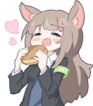  1girl ai-chan_(misskey.io) animal_ear_fluff animal_ears armband black_jacket blazer blush_stickers bread breasts brown_hair cat_ears cat_girl closed_eyes collared_shirt commentary_request cosplay fluff food green_armband hair_ornament heart heart_hair_ornament holding holding_food jacket layered_sleeves long_hair long_sleeves medium_breasts misskey.io open_clothes open_jacket open_mouth shirt simple_background solo syuilo_(misskey.io) syuilo_(misskey.io)_(cosplay) umihio upper_body white_background white_shirt 