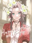  1girl absurdres aerith_gainsborough brown_hair choker dress english_text final_fantasy final_fantasy_vii final_fantasy_vii_remake flower flower_choker green_eyes hair_ribbon happy_birthday highres jacket jewelry long_hair makiron parted_bangs pink_dress pink_ribbon red_jacket ribbon rose sidelocks smile 