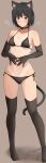  1girl amagami animal_ears ass_visible_through_thighs bell bikini black_bikini black_border black_choker black_eyes black_gloves black_hair black_thighhighs blush border breasts breath brown_background cat_ears cat_tail choker collarbone commentary elbow_gloves embarrassed feet_out_of_frame furrowed_brow gloves highres kemonomimi_mode looking_at_viewer medium_breasts mobu nanasaki_ai navel neck_bell parted_lips short_hair side-tie_bikini_bottom simple_background solo standing stomach string_bikini swimsuit tail tan tanlines thighhighs 