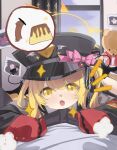  1girl 1other bar_censor black_coat black_headwear blonde_hair blue_archive blush censored coat doodle_sensei_(blue_archive) fang food hat ibuki_(blue_archive) long_hair open_mouth peaked_cap penis pudding sensei_(blue_archive) side_ponytail skin_fang sleeves_past_fingers sleeves_past_wrists solo_focus stuffed_animal stuffed_toy teddy_bear xiuluoniqia yellow_eyes 