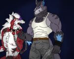 anthro blood blood_splatter bodily_fluids chain collar criminal duo feral generation_7_pokemon gun lycanroc male male/male midnight_lycanroc nicolasthewolf nintendo pokemon pokemon_(species) rabies ranged_weapon tufflaze weapon