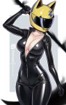  1girl absurdres animal_helmet biker_clothes bikesuit black_bikesuit black_bodysuit bodysuit breasts celty_sturluson chascoby collarbone dullahan durarara!! english_commentary facing_to_the_side helmet highres holding holding_scythe large_breasts motorcycle_helmet partially_unzipped patreon_username scythe simple_background solo 