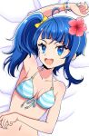  1girl ahoge arm_up bed_sheet bikini blue_bikini blue_eyes blue_hair bow bracelet breasts commentary cut_bangs flower from_above front-tie_bikini_top front-tie_top hair_bow hair_flower hair_ornament halterneck hibiscus highres hirogaru_sky!_precure jewelry kaatsu_katsurou looking_at_viewer lying medium_hair navel on_back on_bed open_mouth precure side_ponytail single_sidelock small_breasts smile solo sora_harewataru striped_bikini striped_clothes swimsuit yellow_bow 