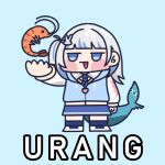  1girl aqua_background arkonion blue_eyes blue_hair blue_hoodie blue_skirt blunt_bangs blush_stickers chibi commentary ebi-chan_(gawr_gura) fins fish_tail gawr_gura gawr_gura_(school_uniform) hashtag_only_commentary hololive hololive_english hood hood_down hoodie indonesian_text jitome multicolored_hair one_side_up outstretched_arm shark_tail shrimp simple_background skirt solo standing streaked_hair symbol-only_commentary tail triangle_mouth white_hair 