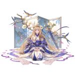  1girl antenna_hair bangs bird blonde_hair blue_eyes branch closed_mouth flower granblue_fantasy hair_flower hair_intakes hair_ornament hairband hands_on_lap japanese_clothes jeanne_d&#039;arc_(granblue_fantasy) kimono long_hair long_sleeves looking_at_viewer obi official_alternate_costume official_art own_hands_together petals purple_ribbon ribbon sash seiza sitting smile solo swallow_(bird) sword transparent_background weapon white_flower white_kimono 