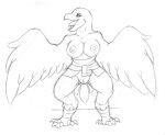 after_transformation alternate_species anthro avian avian_feet bare_shoulders barefoot beak big_breasts bird black_and_white bottomless breasts capcom claws clothed clothing corruption corvid corvus_(genus) digitigrade erect_nipples eyelashes feathered_wings feathers feet female front_view genitals huge_breasts ivanks jill_valentine looking_down monochrome mostly_nude nipples non-mammal_breasts non-mammal_nipples open_mouth oscine passerine pupils pussy raven resident_evil simple_background sketch slit_pupils solo species_transformation spread_legs spreading standing sweater_around_waist tail tail_feathers thick_thighs toe_claws tongue topless torn_clothing transformation transformation_through_technology white_background winged_arms wings