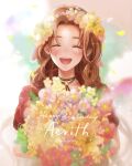  1girl aerith_gainsborough blurry blurry_background blush bouquet brown_hair character_name choker closed_eyes facing_viewer falling_petals final_fantasy final_fantasy_vii final_fantasy_vii_rebirth final_fantasy_vii_remake flower flower_choker hair_flower hair_ornament hair_ribbon happy_birthday head_wreath highres holding holding_bouquet jacket lily_(flower) long_hair open_mouth parted_bangs petals pink_ribbon red_jacket ribbon short_sleeves sidelocks smile solo tomoberry twitter_username upper_body yellow_flower 