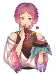 1boy black_shirt blush box box_of_chocolates commentary_request cropped_torso eating flame_print food heart holding holding_food jewelry male_focus misuguu necklace off_shoulder official_alternate_costume purple_eyes purple_hair ragnarok_online shirt short_hair simple_background solo sura_(ragnarok_online) upper_body white_background white_shirt 
