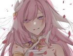  1girl bare_shoulders collarbone commentary_request elysia_(honkai_impact) eyes_visible_through_hair gloves hair_over_one_eye head_tilt highres honkai_(series) honkai_impact_3rd long_hair looking_at_viewer parted_lips petals pink_hair purple_eyes rwj6l simple_background smile solo upper_body white_background white_gloves 