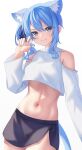  1girl absurdres animal_ear_fluff animal_ears aoi_zerii bare_shoulders blue_eyes blue_hair blush breasts cat_ears cat_girl cat_tail clothing_cutout fang hair_between_eyes highres hololive hoshimachi_suisei looking_at_viewer medium_hair midriff navel side_ponytail smile solo star_(symbol) star_in_eye symbol_in_eye tail thighs virtual_youtuber 