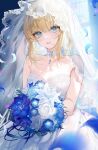  1girl artoria_pendragon_(fate) bare_shoulders blonde_hair bouquet breasts bridal_veil choker collarbone commentary_request cowboy_shot dress english_commentary fate/stay_night fate_(series) green_eyes highres holding holding_bouquet kinokohime lace-trimmed_veil lace_trim looking_at_viewer mixed-language_commentary parted_lips saber_(fate) sidelocks small_breasts smile solo strapless strapless_dress veil wedding_dress white_choker white_dress 