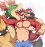 abs anthro armor beard big_dom_small_sub big_muscles big_nipples big_nose big_pecs black_hair blue_eyes blush bodily_fluids booster_(mario) bowser brown_body brown_fur caressing clothed clothing collar dominant drooling edd_layerex face_lick facial_hair fur group hair hat headgear headwear helmet hi_res holding_partner human human_on_anthro interspecies kissing_neck koopa larger_anthro larger_male licking male male/male mammal mario mario_bros molestation muscular muscular_anthro muscular_human muscular_male mustache navel nintendo nipples open_mouth pec_grab pec_play pecs pubes raised_clothing raised_shirt raised_topwear saliva scalie shirt size_difference smaller_human smaller_male spiked_collar spikes super_mario_rpg_legend_of_the_seven_stars tongue tongue_out topwear trio two_doms_one_sub