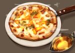  bread cheese food food_focus grey_background kaneko_ryou no_humans original pizza plate sauce simple_background steam still_life 