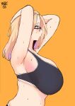  arms_behind_head arms_up artist_name black_sports_bra blonde_hair breasts from_side glasses highres huge_breasts inne_sulistya_robin long_hair midriff norman_maggot orange_background original pink_hair profile sideboob sports_bra upper_body 