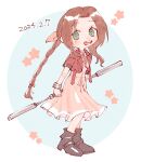  1girl aerith_gainsborough bo_staff boots bracelet braid braided_ponytail brown_hair choker cropped_jacket dress final_fantasy final_fantasy_vii final_fantasy_vii_remake flower_choker green_eyes hair_ribbon jacket jewelry light_blush long_dress long_hair nitoya_00630a open_mouth parted_bangs pink_dress pink_ribbon red_jacket ribbon sidelocks simple_background smile solo star_(symbol) 