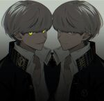  2boys absurdres black_jacket closed_mouth collared_shirt dual_persona grey_background grey_eyes grey_hair highres jacket looking_at_viewer male_focus multiple_boys narukami_yuu parted_lips persona persona_4 pswlv05 school_uniform shadow_yu shirt simple_background upper_body white_shirt yasogami_school_uniform yellow_eyes 