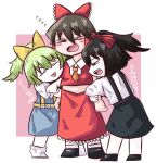  &gt;_&lt; 3girls arm_hug black_footwear black_hair black_skirt blue_dress blush bow closed_eyes collared_shirt colored_skin commentary_request cookie_(touhou) daiyousei diyusi_(cookie) dress flying_sweatdrops frilled_bow frills full_body green_hair hair_between_eyes hair_bow hakurei_reimu high_ponytail highres long_bangs long_hair looking_at_another multiple_girls necktie noel_(cookie) open_mouth orange_necktie pinafore_dress red_bow red_eyes red_shirt red_skirt shirt shoes siyudi_(cookie) skirt skirt_set sleeveless sleeveless_dress sleeveless_shirt socks standing suspender_skirt suspenders sznkrs tongue tongue_out touhou traffic_baton umbrella white_background white_skin white_socks yellow_bow 