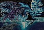 ambiguous_gender battle cetacean cosmic_background dolphin dragon duo feral mammal marine night oceanic_dolphin orca planet rock selianth sky space star starry_sky toothed_whale underwater water