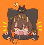  1boy androgynous animal animal_ears animal_hood animal_on_head black_cat black_gloves blonde_hair blush brown_hair bug butterfly cat cat_ears cat_hood cat_on_head chibi claw_pose commentary earrings fake_animal_ears fang gloves goma_sodapop hands_up hood hood_up jewelry kashagiri&#039;s_cat_(touken_ranbu) kashagiri_(touken_ranbu) long_hair looking_at_viewer male_focus multicolored_hair on_head open_mouth orange_background orange_eyes partially_fingerless_gloves ponytail simple_background streaked_hair symbol-only_commentary touken_ranbu two-sided_fabric 