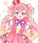  1girl blonde_hair bow brooch crown cure_wonderful dress dress_bow earrings hairband heart heart_brooch highres inukai_komugi jewelry long_hair looking_at_viewer magical_girl mini_crown multicolored_hair open_mouth paw_pose paw_print petticoat pink_hair pouch precure purple_bow purple_eyes short_dress smile solo standing tilted_headwear two-tone_hair two_side_up uiui_(user_gupd8487) wonderful_precure! wrist_cuffs yellow_hairband 
