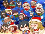  6+boys 6+girls ahoge akamatsu_kaede alternate_costume amami_rantaro animal_costume animal_ear_headwear animal_ears antlers argyle argyle_background bare_arms barefoot beanie bell belt belt_buckle black_belt black_eyes black_footwear black_scarf black_sleeves blonde_hair blue_background blue_dress blue_hair blue_headwear blue_pants blue_sleeves blush boots bow bowtie breasts brown_dress brown_footwear brown_hair brown_hairband brown_shirt brown_sleeves bucket bucket_on_head buckle buttons capelet cat_ears chabashira_tenko checkered_clothes checkered_scarf chibi choker christmas christmas_ornaments christmas_star christmas_tree_costume cigarette cleavage closed_eyes coat collar collared_shirt commentary_request danganronpa_(series) danganronpa_v3:_killing_harmony dark-skinned_female dark-skinned_male dark_skin detached_sleeves dress earrings elbow_gloves everyone eyelashes facial_hair fake_animal_ears fake_antlers fist_pump fluffy frilled_dress frills frown fur-trimmed_capelet fur-trimmed_coat fur-trimmed_dress fur-trimmed_gloves fur-trimmed_headwear fur-trimmed_pants fur-trimmed_shirt fur-trimmed_sleeves fur_collar fur_trim gift glasses gloves goatee gokuhara_gonta green_hair green_vest grey_pantyhose hair_between_eyes hair_bow hair_ornament hairband hand_on_own_hip harukawa_maki hat hat_ornament holding holding_cigarette holding_gift holding_paper holding_sack holding_stuffed_toy horns hoshi_ryoma huge_ahoge iruma_miu jewelry jingle_bell k1-b0 layered_sleeves long_hair long_sleeves low-tied_long_hair low_twintails medium_dress merry_christmas mistletoe mistletoe_hair_ornament mole mole_under_mouth momota_kaito monokuma monomi_(danganronpa) mouth_hold multiple_boys multiple_girls musical_note musical_note_print neck_bell object_on_head oma_kokichi open_mouth outstretched_arm oversized_object own_hands_together pants pantyhose paper pink_bow pink_bowtie plaid plaid_bow pom_pom_(clothes) ponytail pulling purple_hair red_bow red_bowtie red_capelet red_coat red_dress red_gloves red_hair red_hairband red_headwear red_pants red_sleeves reindeer_antlers reindeer_costume robot round_eyewear sack saihara_shuichi santa_costume santa_hat scarf shinguji_korekiyo shirogane_tsumugi shirt short_dress sidelocks simple_background smile snowflake_print snowing snowman_costume solid_eyes spiked_hair star_(symbol) star_earrings star_hair_ornament star_hat_ornament starry_background strapless strapless_dress stuffed_animal stuffed_rabbit stuffed_toy teddy_bear tojo_kirumi traditional_bowtie triangle_mouth twintails two-tone_scarf v-shaped_eyebrows very_long_hair vest wagon wavy_hair white_bow white_choker white_coat white_collar white_eyes white_footwear white_hair white_scarf white_sleeves yonaga_angie yumaru_(marumarumaru) yumeno_himiko 
