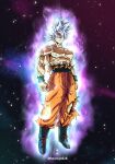  1boy abs absurdres artist_name aura battle_damage blue_sash boots collarbone dragon_ball dragon_ball_super floating frown full_body highres horang4628 looking_at_viewer male_focus muscular muscular_male nebula orange_pants pants pectorals sash serious solo son_goku space spiked_hair star_(sky) topless_male torn_clothes torn_pants twitter_username ultra_instinct veins white_eyes white_hair wristband 