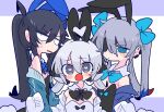  3boys ahoge animal_ears arm_hug black_hair black_leotard blue_bow blue_eyes blue_hair blush bow bowtie bright_pupils detached_collar drooling empty_eyes expressionless eyepatch eyes_visible_through_hair fake_animal_ears fake_tail furrowed_brow grey_eyes grey_hair hair_between_eyes hair_bow heart heart-shaped_pupils heart_ahoge highres leotard long_hair long_sleeves looking_at_viewer low_twintails male_focus multicolored_hair multiple_boys off-shoulder_jacket off-shoulder_sweater off_shoulder op_na_yarou open_mouth original othello-senpai_(op_na_yarou) otoko_no_ko playboy_bunny rabbit_ears rabbit_tail red_hair rigel_(op_na_yarou) sanpaku short_twintails silver_hair simple_background sleeves_past_fingers sleeves_past_wrists sweat sweater symbol-shaped_pupils tail twintails two-tone_hair white_background white_leotard white_pupils zense-kun_(op_na_yarou) 