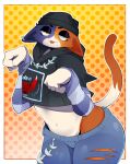 anthro beanie bottomwear chain clothing denim denim_bottomwear denim_clothing ear_piercing epic_games felid feline female fortnite fur hat headgear headwear hi_res jeans mammal meow_skulls_(fortnite) meowskullslol midriff multicolored_body multicolored_fur navel pants paw_pose piercing pose solo sweater tail thick_thighs tight_clothing tongue tongue_out topwear torn_bottomwear torn_clothing torn_jeans torn_pants