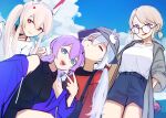  4girls :d absurdres ayanami_(azur_lane) azur_lane bare_shoulders black-framed_eyewear black_shirt blue_jacket blue_nails blue_shorts blue_sky bottle breasts brown_hair closed_eyes closed_mouth cloud collarbone collared_shirt commentary_request day drawstring dress_shirt glasses green_eyes grey_hair grey_headwear grey_jacket hair_between_eyes hair_ornament hairclip hat headgear highres hood hood_down hooded_jacket jacket javelin_(azur_lane) laffey_(azur_lane) long_hair low_twintails medium_breasts multiple_girls nail_polish off_shoulder open_clothes open_jacket outdoors purple_eyes purple_hair red_eyes red_shirt round_eyewear rzk_iii selfie shirt short_shorts shorts sky sleeveless sleeveless_shirt small_breasts smile twintails v very_long_hair white_shirt z23_(azur_lane) 