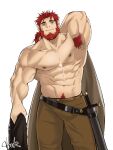  1boy abs absurdres bara beard belgrieve_(s-rank_musume) boukensha_ni_naritai_to_miyako_ni_deteitta_musume_ga_s_rank_ni_natteta brown_eyes bulge cowboy_shot excessive_armpit_hair facial_hair full_beard highres large_pectorals looking_at_viewer male_focus mature_male muscular muscular_male navel navel_hair nipples nongnakk pectorals ponytail red_hair sheath sheathed solo standing stomach strongman_waist thick_beard thick_eyebrows thick_thighs thighs topless_male wrinkled_skin 