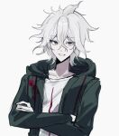  1boy cheong_(nept1211) crossed_arms danganronpa_(series) danganronpa_2:_goodbye_despair green_jacket grey_hair grey_shirt grin hair_between_eyes hood hood_down hooded_jacket jacket komaeda_nagito long_sleeves male_focus messy_hair open_clothes open_jacket print_shirt shirt simple_background smile solo teeth upper_body white_background 