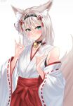  1girl absurdres an-94_(girls&#039;_frontline) animal_ears aqua_eyes bell blush collar double_fox_shadow_puppet fox_ears fox_mask fox_shadow_puppet fox_tail girls&#039;_frontline hairband highres japanese_clothes long_hair mask miko neck_bell solo sweatdrop tail tigger_drawing white_background white_hair 