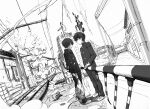  2boys bouquet broken_wall brothers bruise bruise_on_face building contrast crack cracked_floor debris destruction dust_cloud dutch_angle eokonuzu gakuran greyscale guard_rail injury kageyama_ritsu kageyama_shigeo long_sleeves looking_at_another male_focus mob_psycho_100 monochrome multiple_boys outdoors pants power_lines profile railroad_tracks road school_uniform shoes short_hair siblings sky smoke sneakers standing torn_clothes traffic_light 