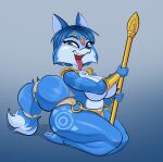 anthro band_(marking) banded_tail big_breasts blue_body blue_eyes blue_fur blue_hair breasts canid canine catoninetails clothed clothing female fox fur green_eyes hair hi_res kneeling krystal looking_at_viewer mammal markings nintendo open_mouth smile solo star_fox tail tail_markings thick_thighs tongue tongue_out topless white_body white_fur