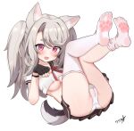  1girl animal_ear_fluff animal_ears azur_lane black_gloves black_sailor_collar black_skirt blush boppin breasts cameltoe commentary cropped_shirt dog_ears dog_girl dog_tail dot_nose fang fingerless_gloves gloves grey_hair highres large_breasts legs_up long_hair looking_at_viewer lying miniskirt no_shoes on_back open_mouth paid_reward_available panties paw_pose paw_print_soles pink_eyes pleated_skirt puffy_short_sleeves puffy_sleeves sailor_collar school_uniform serafuku shirt short_sleeves simple_background skirt soles solo tail teeth thick_eyebrows thighhighs toes two_side_up underwear upper_teeth_only white_background white_panties white_shirt white_thighhighs yuudachi_(azur_lane) 