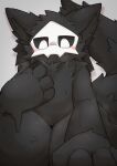 anthro black_body black_fur blush canid canine canis changed_(video_game) digital_media_(artwork) fur goo_creature hi_res humanoid looking_at_viewer male mammal mask puro_(changed) simple_background solo tail thick_thighs wide_hips xennochan
