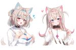  2girls absurdres animal_ear_fluff animal_ears bandaid bandaid_hair_ornament black_collar blonde_hair blue_eyes blue_hair blue_nails blush breasts cleavage cleavage_cutout clothing_cutout collar dog_ears dog_girl dog_tail dress fuwawa_abyssgard fuwawa_abyssgard_(1st_costume) hair_length_switch hair_ornament hairpin heart highres hololive hololive_english large_breasts long_hair looking_at_viewer maru_ccy medium_hair mococo_abyssgard mococo_abyssgard_(1st_costume) multiple_girls nail_polish open_mouth pink_eyes pink_hair pink_nails shirt siblings sidelocks sisters smile spiked_collar spikes tail twins two_side_up virtual_youtuber white_dress white_shirt x_hair_ornament 