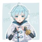  1boy ahoge aru_gnsn blue_background blue_hair blush border child chinese_clothes chongyun_(genshin_impact) commentary_request english_text fingerless_gloves genshin_impact gloves half-closed_eyes highres hood hoodie light_blue_hair male_focus open_mouth solo upper_body white_border white_hoodie 