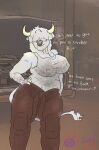 absurd_res anthro bovid bovine cattle clothing dialogue discodemon facial_piercing fur gynomorph gynomorph_(lore) hi_res highland_cattle horn intersex lilith_(discodemon) mammal mechanic mechanic_outfit nose_piercing piercing shirt smile tank_top text topwear white_body white_fur white_text