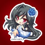  1girl black_hair blue_flower blue_ribbon blue_rose blush bracelet breasts chibi cleavage colored_eyelashes company_name dress eyes_visible_through_hair floating_hair flower frilled_dress frills hair_between_eyes hair_flower hair_ornament hand_on_own_chest hands_up jewelry kin-iro_loveriche knees_together_feet_apart leg_ribbon long_hair looking_afar necklace official_art open_mouth pearl_necklace picpicgram red_background red_eyes ribbon rose sidelocks simple_background single_hair_intake sitting solo souma_ria strapless strapless_dress tsurime very_long_hair white_dress 
