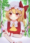  1girl absurdres ascot bad_id bad_twitter_id blonde_hair blue_sky blush bow breasts buttons closed_mouth collared_shirt commentary crystal dress flandre_scarlet garden hair_between_eyes hand_up hat hat_bow heart heart-shaped_pupils highres jewelry leaf looking_at_viewer mob_cap multicolored_wings one_side_up outdoors photoshop_(medium) plant pointy_ears puffy_short_sleeves puffy_sleeves red_bow red_dress red_eyes shinonome_asu shirt short_hair short_sleeves sitting sky smile solo symbol-shaped_pupils table touhou twitter_username white_headwear white_shirt wings wrist_cuffs yellow_ascot 