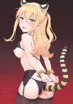  1girl anal anal_tail animal_ears arms_behind_back ass black_panties blonde_hair breasts brown_legwear commentary_request fake_animal_ears fake_tail fang garter_belt garter_straps green_eyes hair_between_eyes highres long_hair medium_breasts meow_(nekodenki) nipples one_side_up open_mouth original panties restrained sideboob solo tail thighhighs tiger tiger_ears tiger_tail underwear 