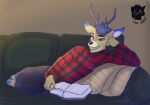  anthro antlers blond_fur blue_body blue_fur book bottomwear cervid clothing denim denim_clothing flannel fur furniture hi_res hooves horn jeans lying male mammal pants shirt sofa solo topwear unknown_artist white_body white_fur 