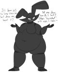 2022 3_toes 4_fingers animatronic anthro asking_artist asking_for_opinion belly belly_overhang big_belly biped black_body black_ears black_eyebrows black_eyelashes black_text black_tuft breaking_the_fourth_wall breasts cheek_tuft crossgender deep_navel eyebrows facial_tuft featureless_breasts feet female female_anthro fingers full-length_portrait gesture greyscale lagomorph leporid looking_at_viewer machine mammal monochrome mtf_crossgender narrowed_eyes naturally_censored navel noseless nude nude_anthro nude_female obese obese_anthro obese_female overweight overweight_anthro overweight_female portrait question_mark quotation_marks rabbit rabbit_ears robot shadow_creature shrug simple_background solo standing talking_to_artist term_of_endearment text thatoneaceguy tilde_after_text toes tuft underline white_background white_eyes white_mouth