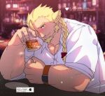  1boy alternate_costume animal_ears bara beard blonde_hair collared_shirt cup drinking_glass drunk facial_hair forearms fujishima_kazuya full_beard glint hand_up happy highres holding holding_cup huckle_(live_a_hero) large_pectorals live_a_hero male_focus mature_male muscular muscular_male one_eye_covered pectoral_cleavage pectorals shirt smile sparse_arm_hair thick_eyebrows upper_body wine_glass 