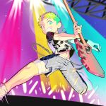  1boy child denim electric_guitar guitar highres instrument jeans male_focus multicolored_hair navel original pants plectrum shotarinisfw skull_print smile solo spread_legs stage stage_lights teeth torn_clothes torn_jeans torn_pants two-tone_hair white_footwear 